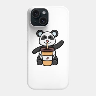 Sticker and Label Of Cute Baby Panda With Coffee. Phone Case