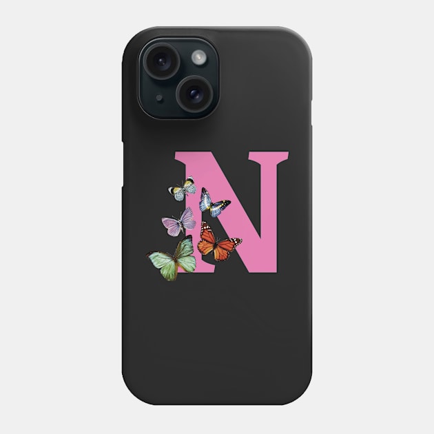 Letter pink N with colorful butterflies Phone Case by ColorsHappiness