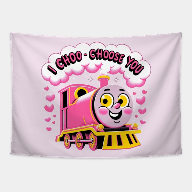 I Choo-Choose You: Adorable Pink Train Valentine's Day Tapestry by Retro Travel Design