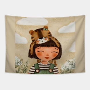 A Girl with a Baby Tiger Tapestry