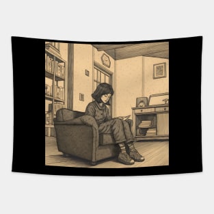 Lonely woman reading book in room Tapestry