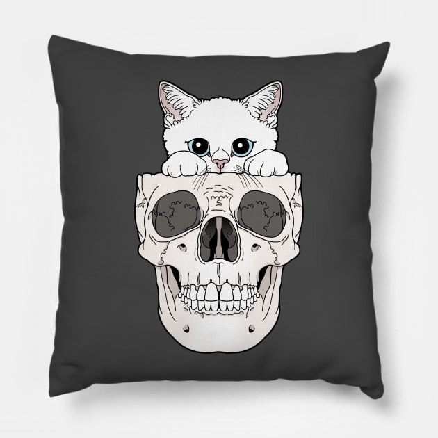 White Kitty & Skull Pillow by tiina menzel