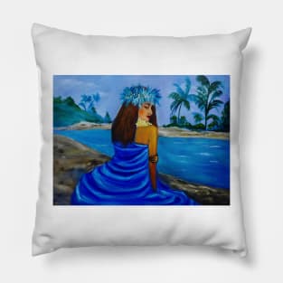 HULA GIRL ON THE BEACH IN BLUE Pillow