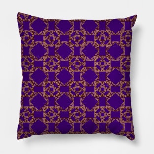Geometric yellow knots repetion pattern set collage with violet at background Pillow