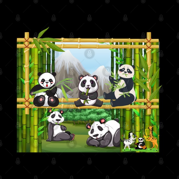 Cute Panda Bears eating Bamboo in a Bamboo Frame by Praizes