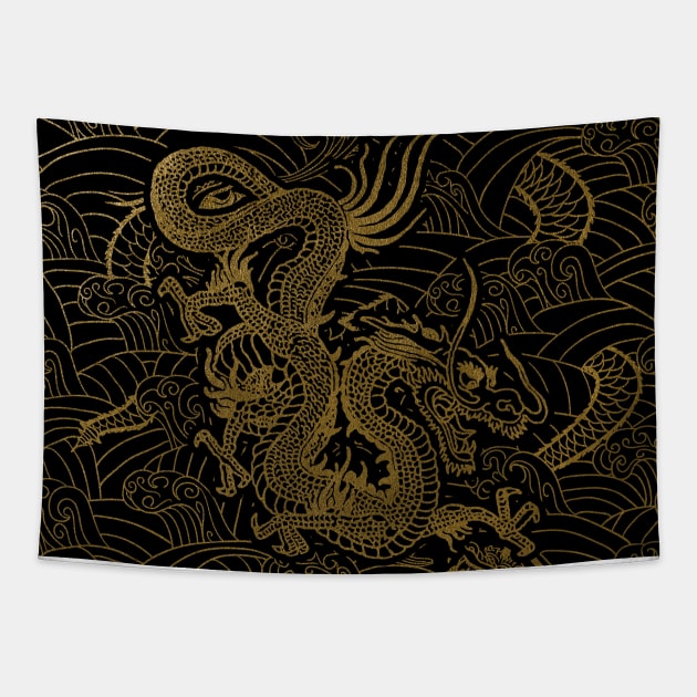 Asian Chinese / Japanese Golden Dragon Tapestry by EddieBalevo