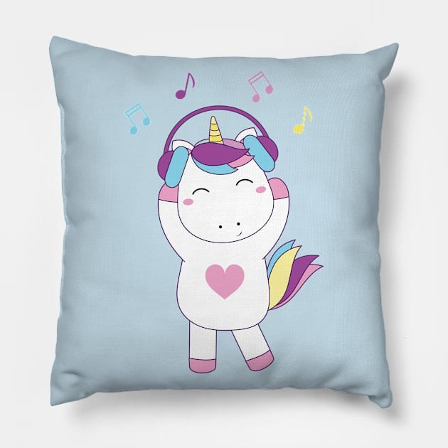 Beby unicorn and headphone Pillow by grafart