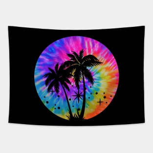 Tie Dye Palm Tree Beach Scene: Trippy Hippie Boho Tropical Pink Rainbow Neon Colors Tapestry