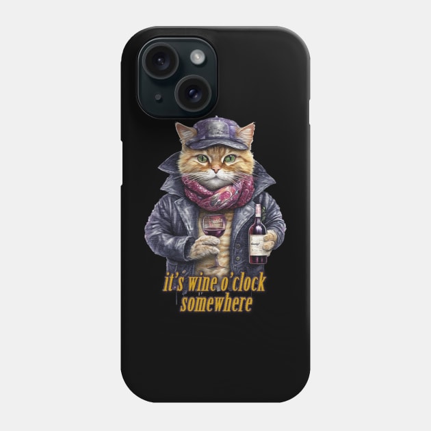 it's wine o'clock somewhere Cat wearing a jacket Phone Case by JnS Merch Store
