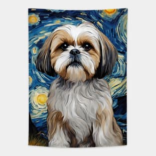 Cute Shih Tzu Dog Breed Painting in a Van Gogh Starry Night Art Style Tapestry