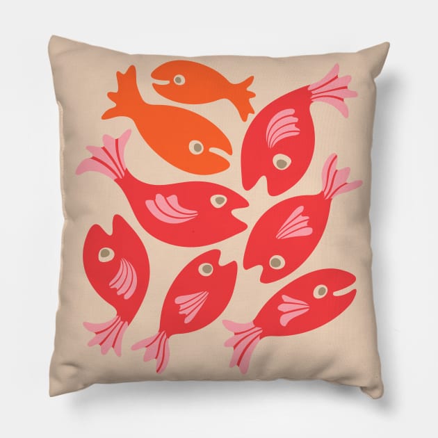 TEEMING Cute Swimming School of Fish Red Orange - UnBlink Studio by Jackie Tahara Pillow by UnBlink Studio by Jackie Tahara