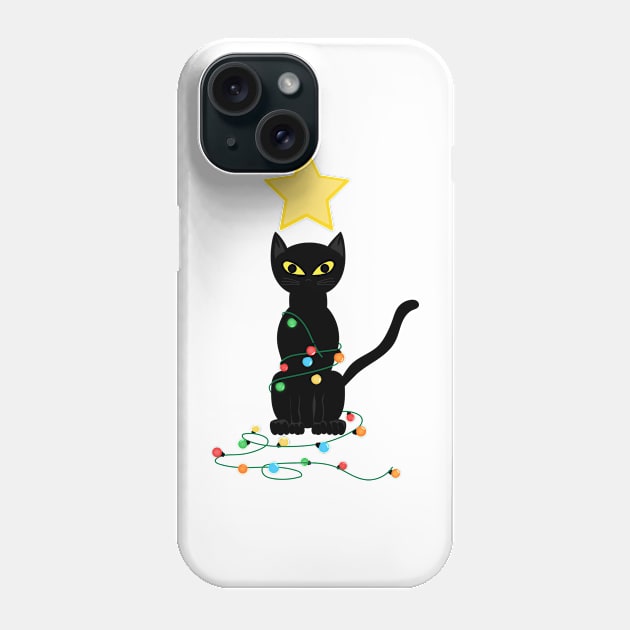 Black Santa Cat Tangled Up In Lights Christmas Santa Illustration Phone Case by JOB_ART