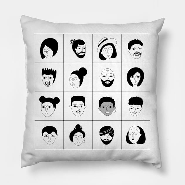 Seamless pattern with man and woman faces Pillow by Savvalinka