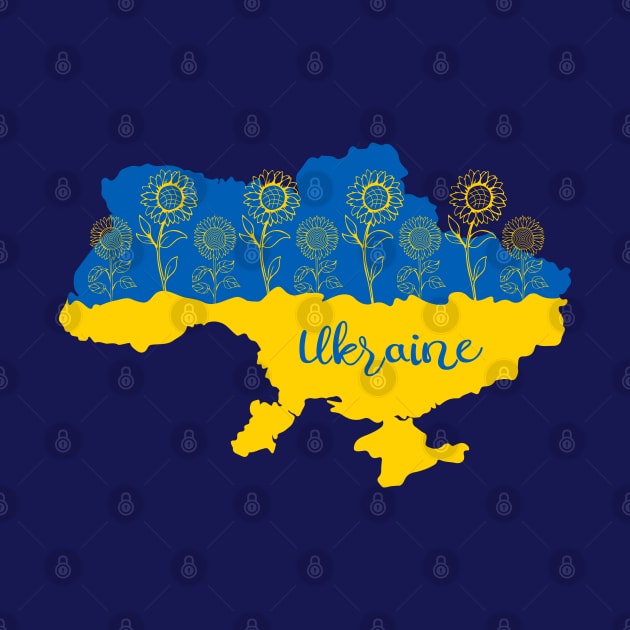 Map of Ukraine decorated with sunflower in Ukrainian flag colors and lettering by Cute-Design