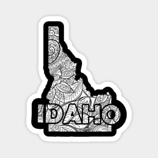 Mandala art map of Idaho with text in white Magnet