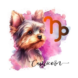 Capricorn Zodiac Sign Cute Yorkshire Terrier Watercolor Art T-Shirt