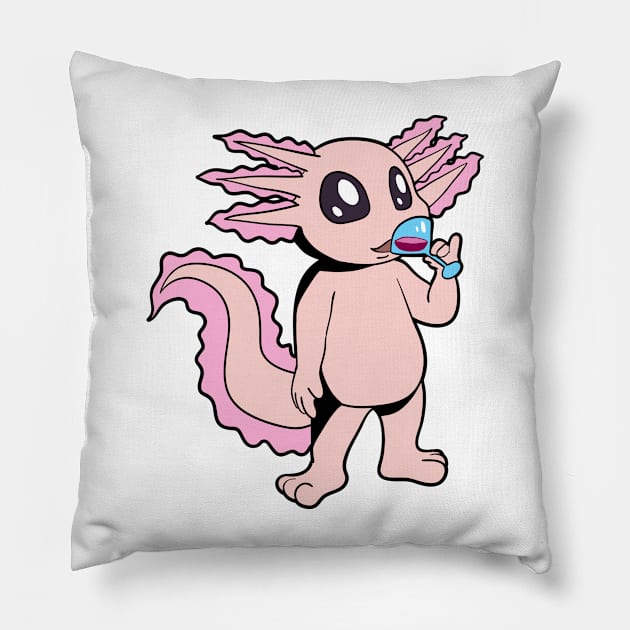 Comic axolotl enjoys a glass of wine - wine drinker Pillow by Modern Medieval Design