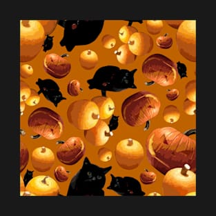 Black Cat and Pumpkins Tossed on Dark Orange Repeat 5748 T-Shirt