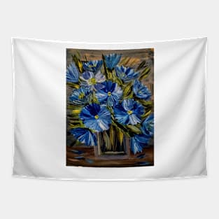 Blue flowers bouquet in a metallic glass vase Tapestry