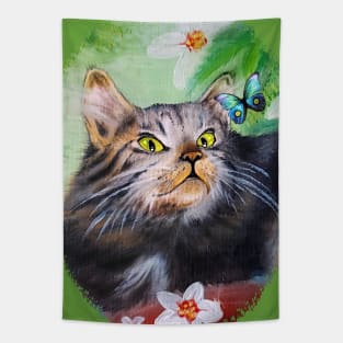 Cat Playful Portrait and Butterfly Tapestry