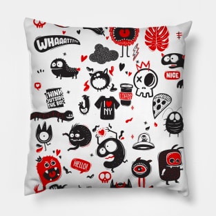 funny doodles with cute monsters black and red Pillow