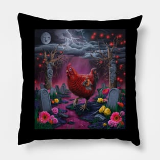 AI generated red striped chicken in graveyard Pillow