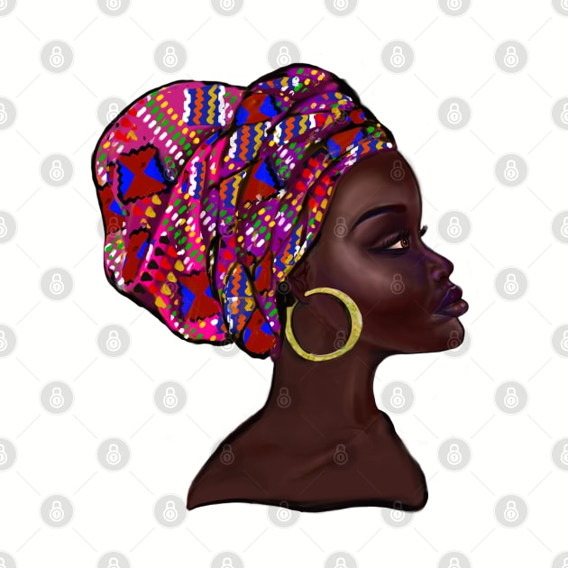 Afro queen With pink Kinte headwrap- Mahagony brown skin girl with thick glorious, curly Afro Hair and gold hoop earrings by Artonmytee