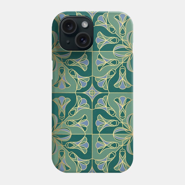 Art Deco Tile Floral. Green, Blue and Gold Phone Case by lents