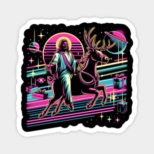 COOL JESUS RIDING RAINDEER UNIVERSE RETRO 80'S NEON VIBE Magnet