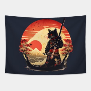 Ninja Cat Japanese Vintage Sunset Sword Tapestry