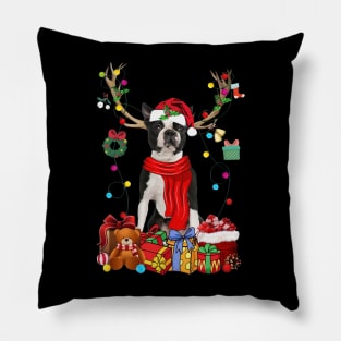 Black Boston Terrier Reindeer Santa Christmas Color Lights Pillow