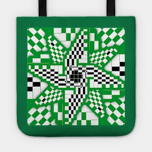 Green Black and White Checkered Pinwheel Optical Illusion Tote