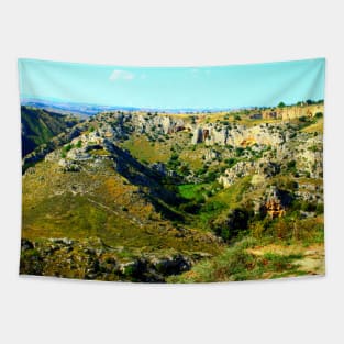 Rocky canyon partly covered with green grass and randomly placed shrubs near Matera Tapestry