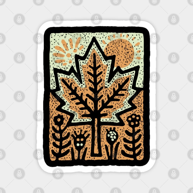 Autumn Maple Leaf T-Shirt | Folk Art Fall Nature Tee Magnet by TuncGK