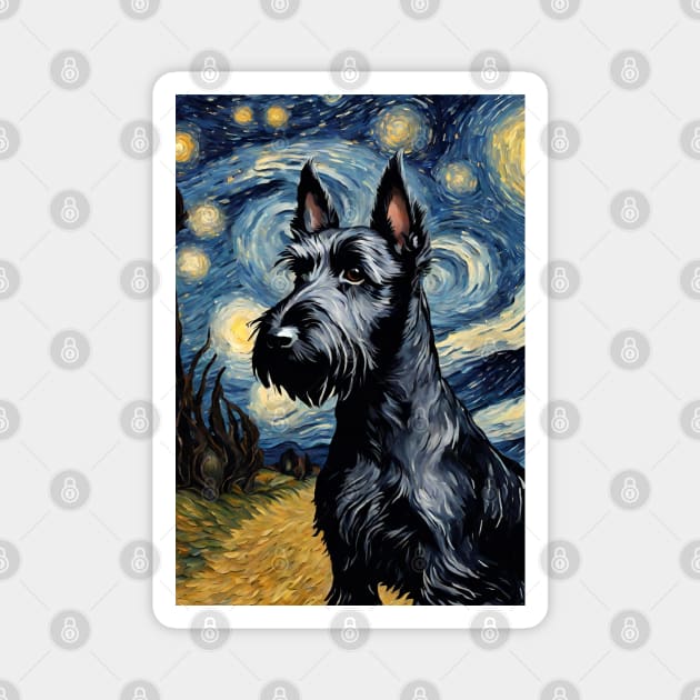 Cute Scottish Terrier Dog Breed Painting in a Van Gogh Starry Night Art Style Magnet by Art-Jiyuu
