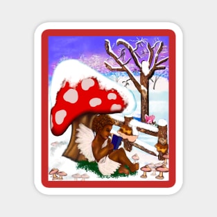 Snow covered mushroom covering Little bookworm angel boy cherub reading a book - tranquil winter scenery Magnet