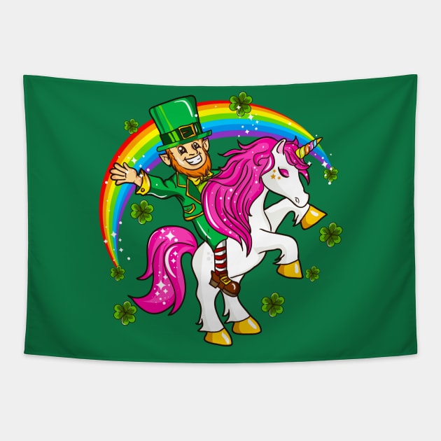 St Patricks Day Leprechaun Riding Unicorn Tapestry by E