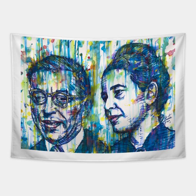 SARTRE and SIMONE DE BEAUVOIR watercolor and ink portrait Tapestry by lautir