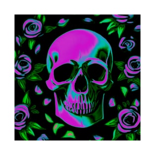 Neon Floral Abstract Skull Colorful Roses Design T-Shirt