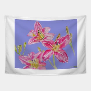 Pink Lily Flower Watercolor Painting Pattern - on Lavender Purple Tapestry