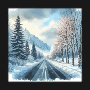 Winter Mountain Forest Road Landscape T-Shirt