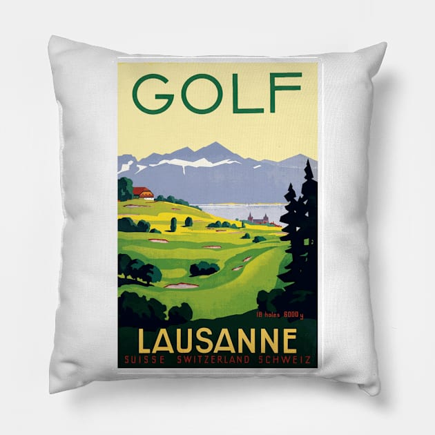 Vintage Travel Poster - Golf at Lausanne, Switzerland Pillow by Naves