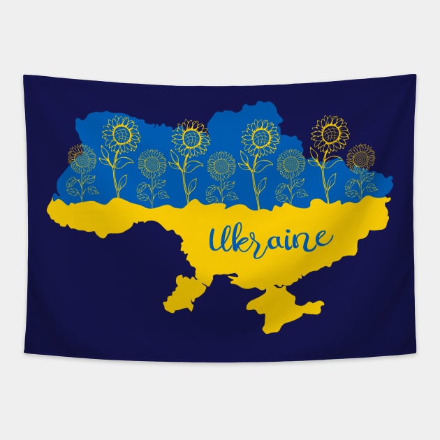 Map of Ukraine decorated with sunflower in Ukrainian flag colors and lettering Tapestry by Cute-Design