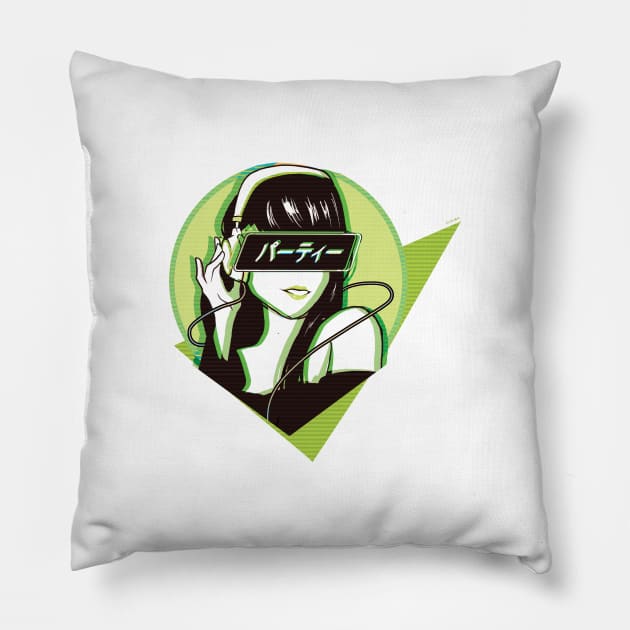 Party! - Sad Japanese Aesthetic - Green Ver Pillow by DriXxArt