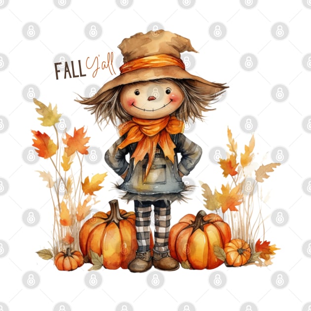 Fall Y'all Cute Scarecrow in Pumpkins with Leaves by mw1designsart