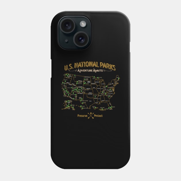 'National Park Map Vintage' Camping Natinonal Park Map Phone Case by ourwackyhome