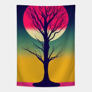 Pink Full Moon Over A Vibrant Colored Whimsical Minimalist Lonely Tree - Abstract Minimalist Bright Colorful Nature Poster Art of a Leafless Branches Tapestry