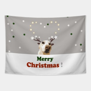 Merry Christmas Deer, dog, tan, green, red, holidays, snow, Xmas, Tapestry