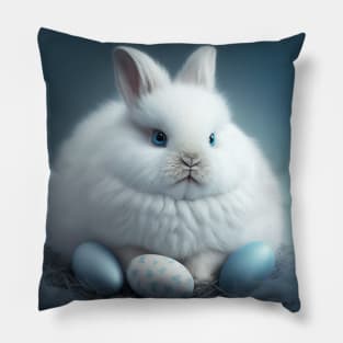 Cute White Fluffy Bunny with Blue Eyes and Easter Eggs Pillow