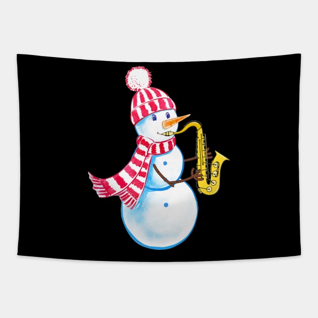 Saxophone Snowman Funny Musical Instrument Tapestry by TeeSky